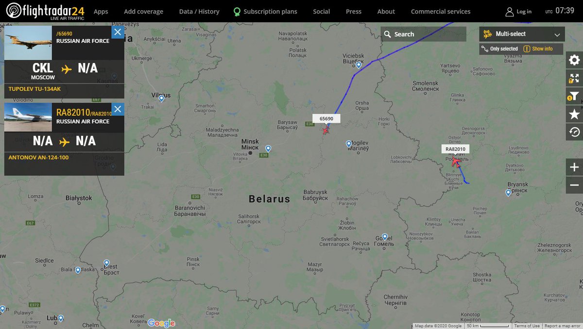 Russian Air Force Tupolev Tu-134AK RA-65690  descending for Minsk Belarus. Russian Air Force Antonov An-124-100 RA-82010 heading North along Belarus border