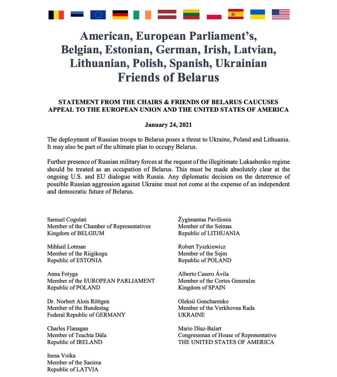 Parliamentarians of 11 countries issued a joint statement on the entry of Russian troops into Belarus. The statement says that the deployment of Russian troops in Belarus not only poses a threat to Ukraine,Poland and Lithuania, but could also be a part of a plan to occupy Belarus