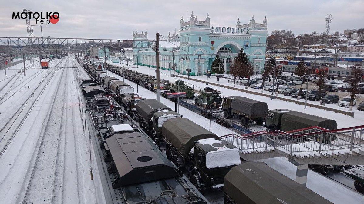 A train with Russian military equipment was seen today (04.02) in Smolensk (Russia) in the direction of Belarus.  In the photo you can see: BMD, BTR-MD, EW RB-531B Infauna, EW LEER-2, and various Kamaz trucks.  Apparently, the equipment belongs to the airborne troops of Russia
