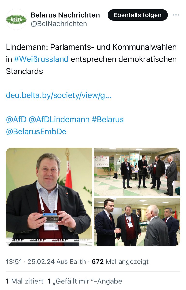 Der AfD-Lokalpolitiker Gunnar Lindemann aus Berlin-Hellersdorf bescheinigt der Lukaschenko-Diktatur „demokratische Standards“. Erst kürzlich war dort - mal wieder - ein politischer Gefangener in Haft gestorben. Der KGB verfolgt selbst Verwandte von Oppositionellen
