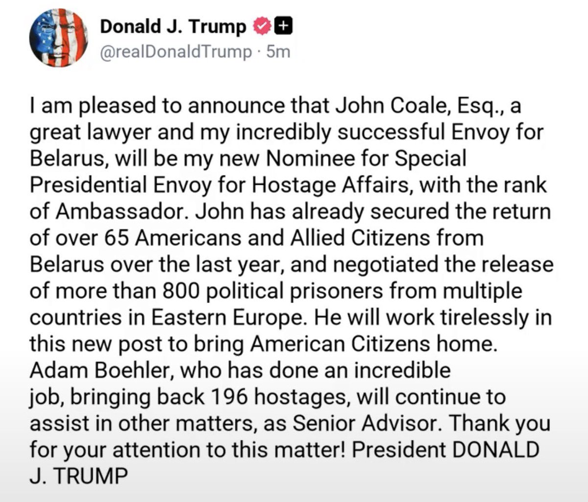 Trump nomeia John Coale como seu novo Embaixador Especial para Assuntos de Reféns, substituindo Adam Boehler